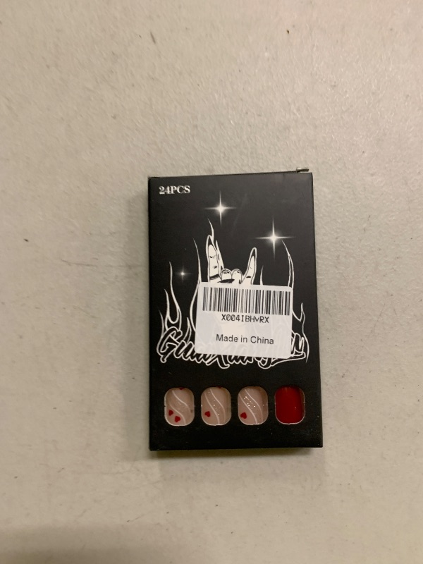 Photo 1 of 24 Pcs Press on Nails Short Square -ZIFANHU Red Fake Nails Glossy False Nails Press ons Full Cover Acrylic Glitter Nail Tips with Heart Lines Design Glue on Nails for Women
