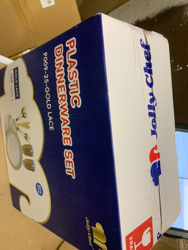 Photo 1 of 150 Count Gold Plastic Dinnerware Set, Elegant Disposable Include: 25 Gold Lace Plastic Plates, 25 Dessert Plates, 25 Forks, 25 Knives, 25 Spoons, 25 Cup, Ideal for Party, Birthday and Thanksgiving