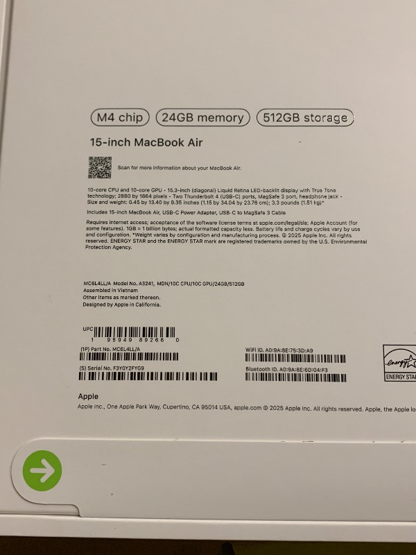 Photo 1 of Apple 2025 MacBook Air 15-inch Laptop with M4 chip: Built for Apple Intelligence, 15.3-inch Liquid Retina Display, 24GB Unified Memory, 512GB SSD Storage, 12MP Center Stage Camera, Touch ID; Midnight