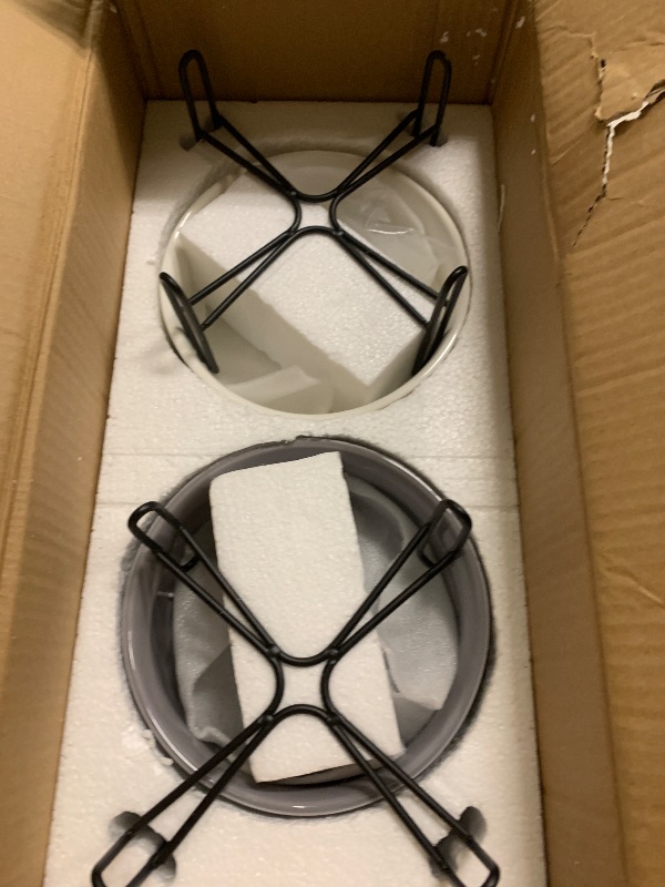 Photo 1 of 32 oz Ceramic Dog Cat Bowls with Elevated Metal Stand, 2 Heights Elevated, 6.5 Inch Ceramic Round Pet Food and Water Feeder Bowl Dish for Cats & Dogs, White & Grey