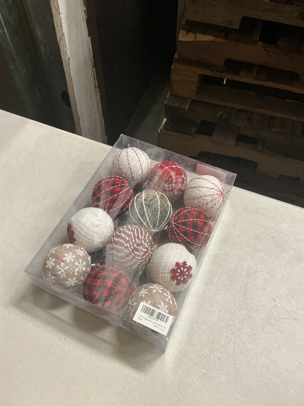 Photo 1 of 12PCS Burlap Christmas Ornaments, Rustic Jute Wrapped Balls 3.15", Snowflake Embroidered & Plaid Pattern Farmhouse Ornaments for Christmas Tree