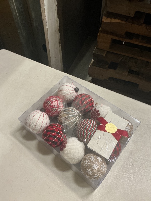 Photo 1 of 12PCS Burlap Christmas Ornaments, Rustic Jute Wrapped Balls 3.15", Snowflake Embroidered & Plaid Pattern Farmhouse Ornaments for Christmas Tree