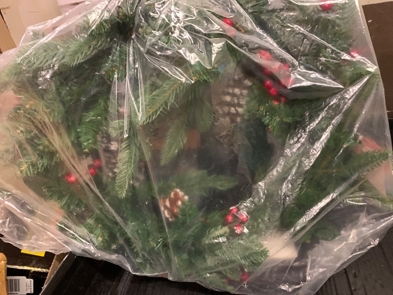 Photo 1 of 24 Inch Prelit Christmas Wreath, Artificial Christmas Wreath for Front Door with LED Lights, Pine Cones, Pine Needles, and Red Berries, Reef for Door Window Mantel Indoor/Outdoor Home Decoration