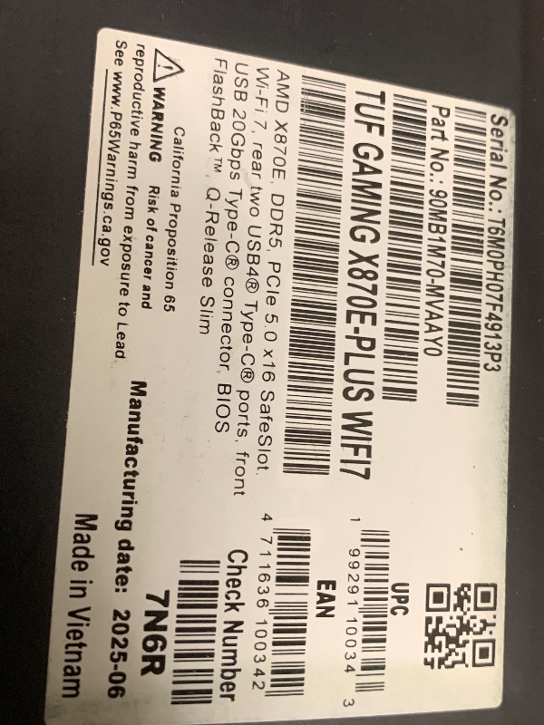 Photo 1 of ASUS TUF Gaming X870E-PLUS WIFI7 AMD Motherboard, 16+2+1 Power Stages, PCIe 5.0, Four M.2 Slots