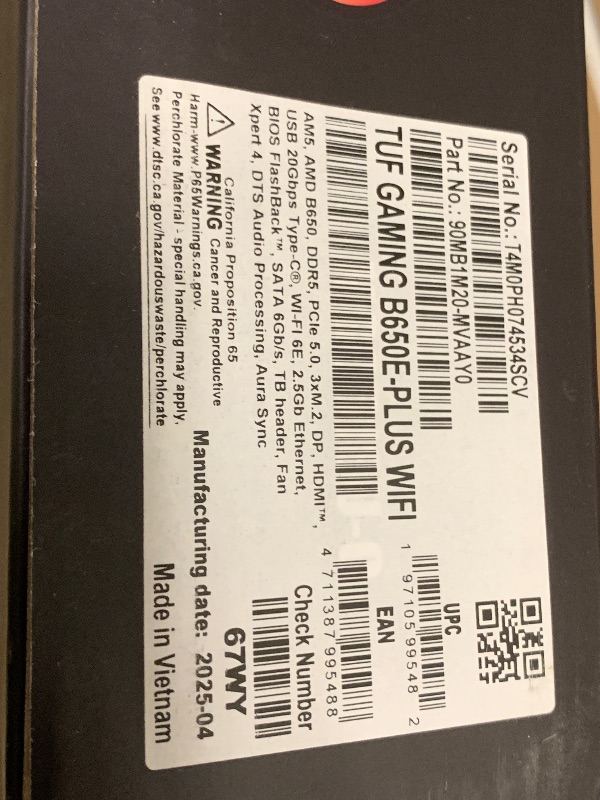 Photo 1 of *SEE CLERK NOTES* ASUS TUF Gaming B650E-PLUS WiFi AMD B650 ATX Motherboard, 12+2+1 80A DrMOS Power Stages, DDR5, PCIe 5.0 Ready, 3X M.2, Wi-Fi 6E, 2.5Gb LAN, DisplayPort, HDMI™, USB Type-C, BIOS Flashback, Aura Sync