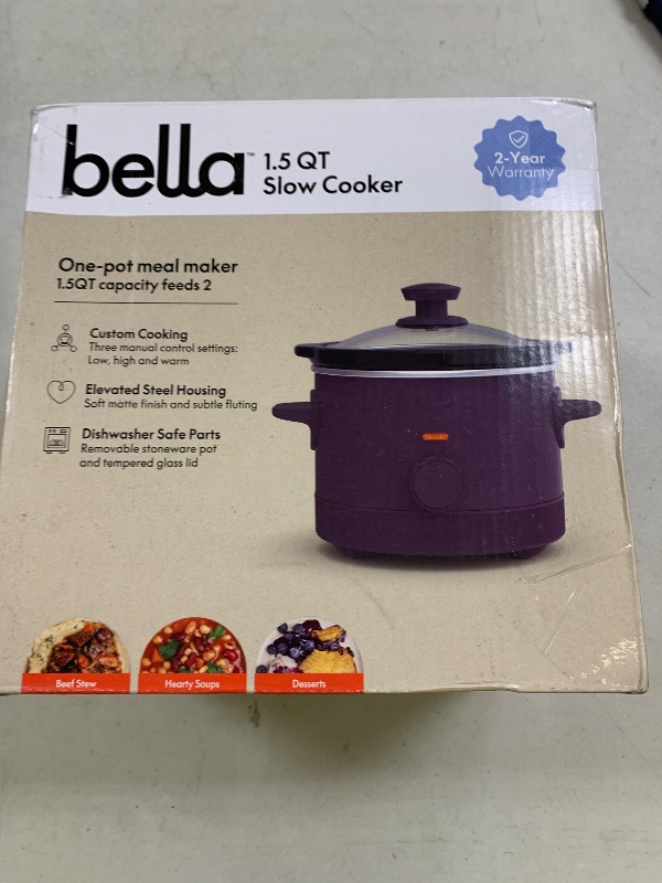 Photo 1 of bella 1.5 Qt Slow Cooker with 3 Heat Manual Control, Ceramic Nonstick Coating, Dishwasher Safe Stoneware Pot and Tempered Glass Lid, Tangle Free Cord Wrap & Cool Touch Handles, Plum