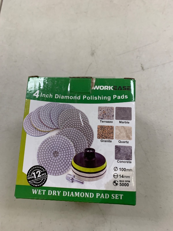 Photo 1 of 4 Inch Diamond Polishing Pads with 5/8’’-11 Backer Pad, 12PCS Wet/Dry Granite Stone Polish Pad Kit for Drill, Grinder, Polisher, 50-6000 Grit Polishing Pad for Concrete Marble Rock Countertop Quartz