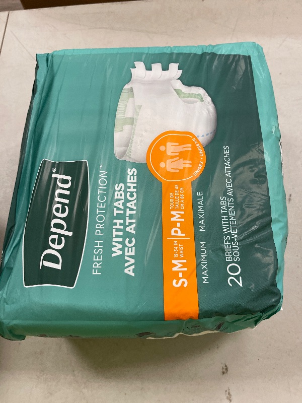 Photo 1 of Depend Incontinence Protection with Tabs, Unisex, Small/Medium (19–34" Waist, Up To 170 lbs), Maximum Absorbency, 60 Count (3 Packs of 20)