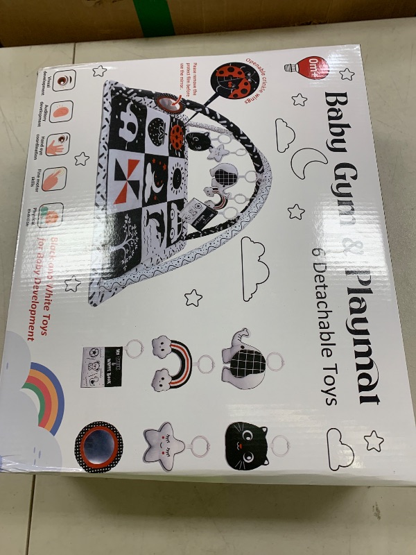 Photo 1 of Black and White Baby Gym Play Mat with 6 Toys Tummy Time Activity Mat for Babies 0-6 6-12 Months High Contrast Baby Gyms & Playmats Sensory Toys Newborn Brain Development Infant Play Mat