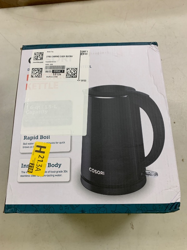 Photo 1 of COSORI Electric Kettle, Cool-Touch Double Wall Stainless Steel Insulated, Automatic Shut Off & Boil-Dry Protection, Durable Tea Kettle Boiler & Heater, 1.5L/1500W, Black
