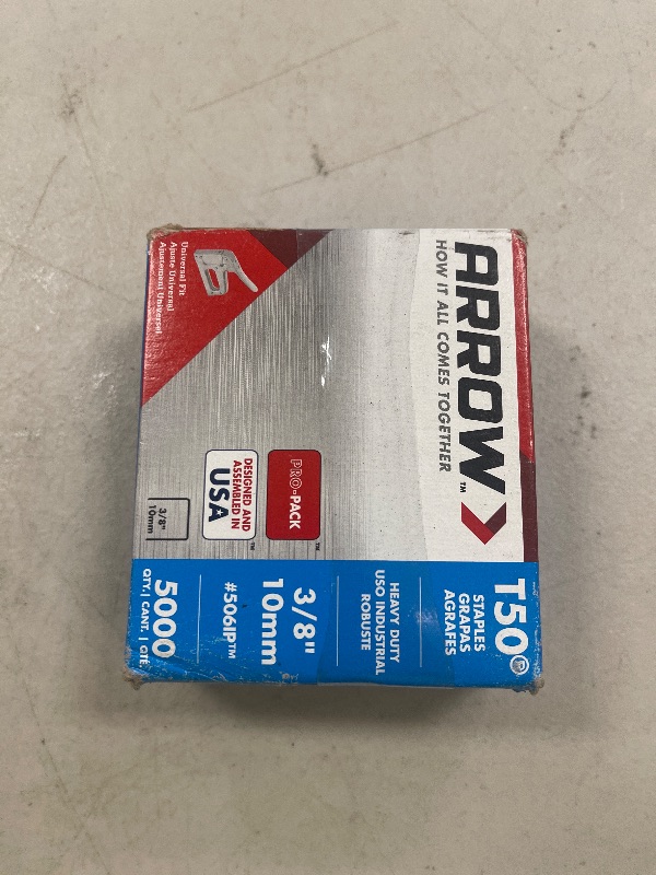 Photo 1 of Arrow Fastener 506IP Heavy Duty T50 Staples for Upholstery, Construction, Furniture, Crafts, 3/8-Inch Leg Length, 3/8-Inch Crown Size, 5000 Pieces ( Pack of 1)