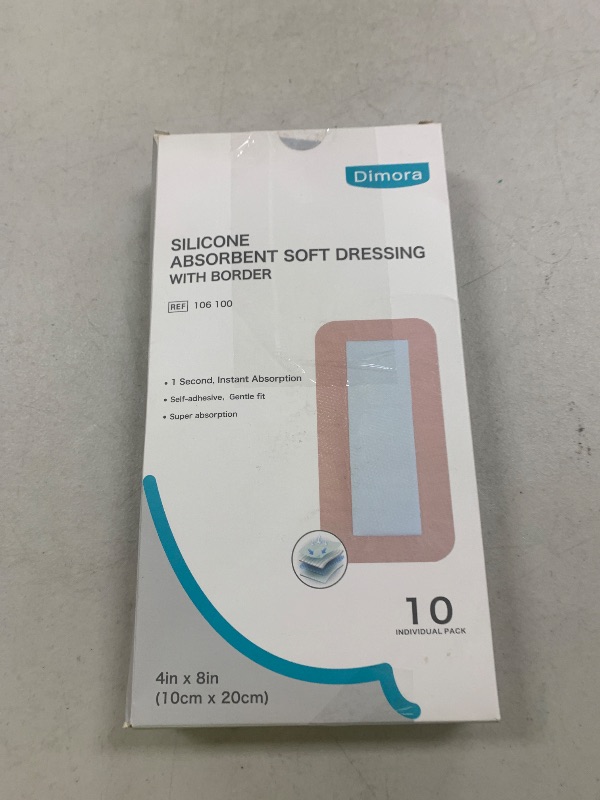 Photo 1 of Dimora Silicone Ultra Absorbent Dressing Pads - Adhesive Wound Bandage with Gentle Border, Waterproof Soft Gauze for Post Surgical and Bed Sore Exudate Management 4"X 8" 10 Packs