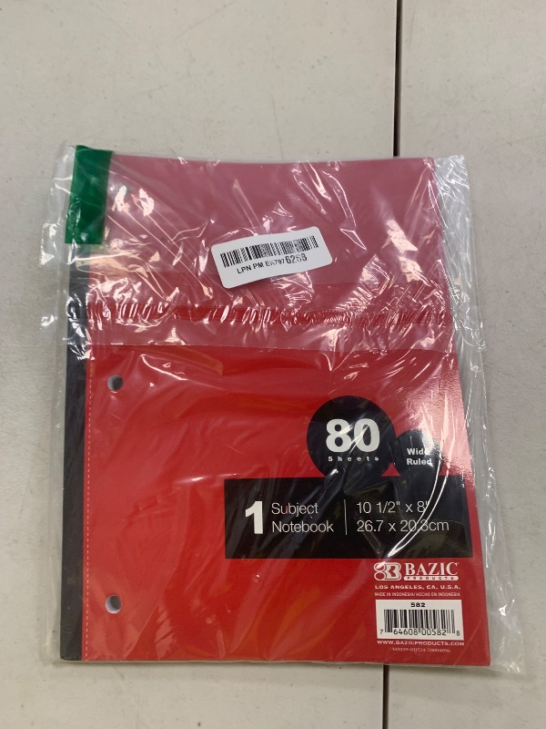 Photo 1 of BAZIC Notebook Wide Ruled 1 Subject 80 Sheets Wireless Notebooks, 3 Punched Holes Lined Composition Book, Assorted Color, 1 Unit, Random Color