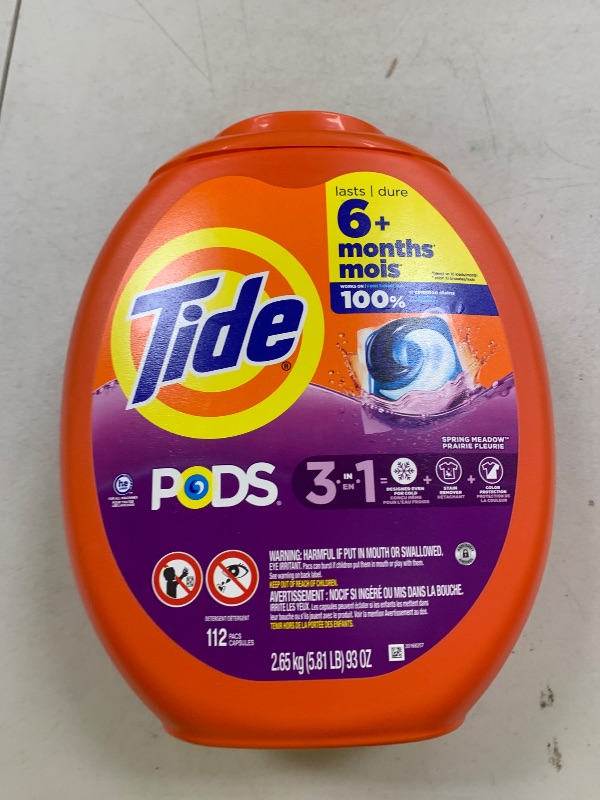 Photo 1 of Tide PODS Laundry Detergent Pacs, 3-in-1 Stain Remover, Odor Fighter, Color Protector, 112 Count, HE compatible, Spring Meadow Scent