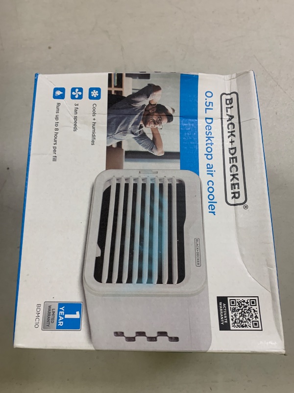 Photo 1 of BLACK+DECKER Desktop Air Cooler, Personal Portable Fan with 3-Speeds, Evaporative Air Cooler with 0.5L Water Tank, Air Cooler Fan for Desk, Home, Office, Bedroom, and more, BDMC10, White/Gray