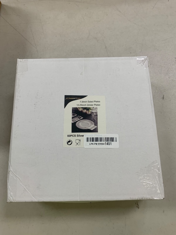 Photo 1 of FLOWERCAT 60PCS Silver Plastic Plates - Heavy Duty White and Silver Plastic Plates Disposable - Include 30PCS 10.25inch Dinner Plates and 30PCS 7.5inch Dessert Plates for Wedding&New Year