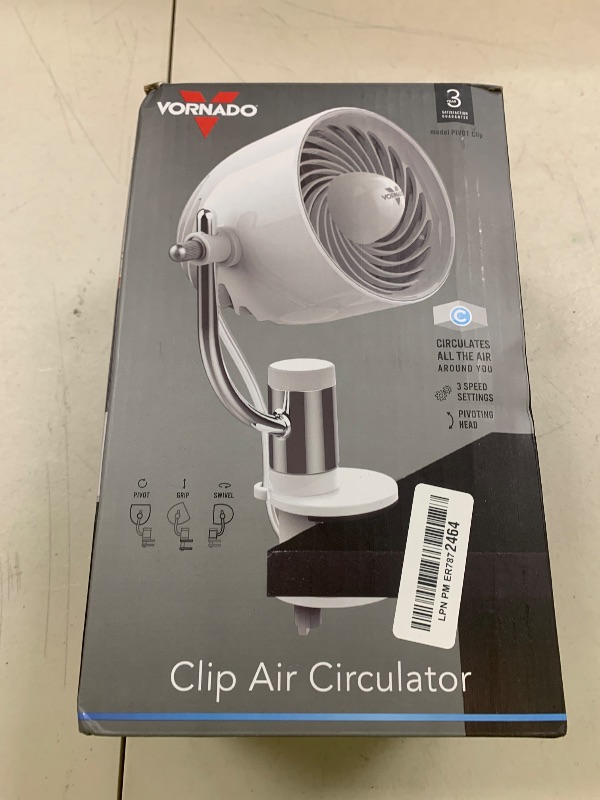 Photo 1 of Vornado Pivot Clip Personal Air Circulator Fan with Multi-Surface Clip, Quiet Portable Fan for Office or Bedroom, 3 Speeds, Ice White