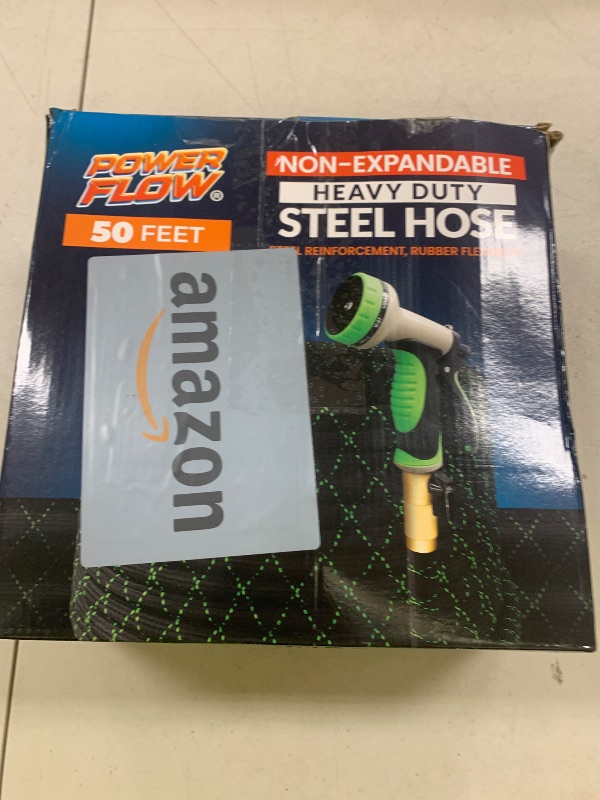 Photo 1 of PowerFlow Garden Hose, NON-EXPANDABLE 50 Feet Premium Quality Stainless Steel Metal Water Hose with Durable Fabric Skin, Hose For Commercial, Residential Use, Bonus 10-way Spray Nozzle (50 Ft, Black)