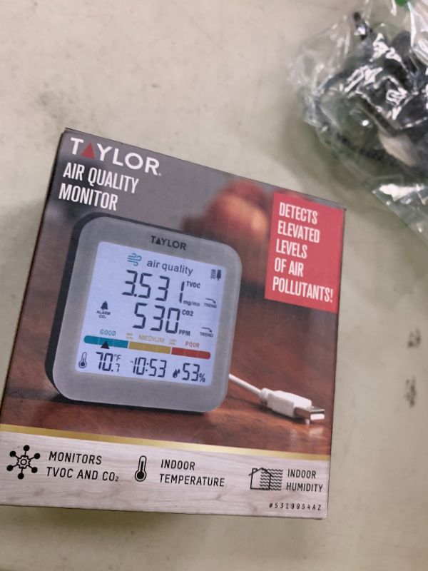 Photo 1 of Taylor Digital Air Quality Monitor with USB Power Cord and Wall Plug, TVOC and CO2 Monitor, Easy-to-Read Display for Home, Bedroom, Office, Greenhouse, Nursery, and Indoor Areas, LED, Silver