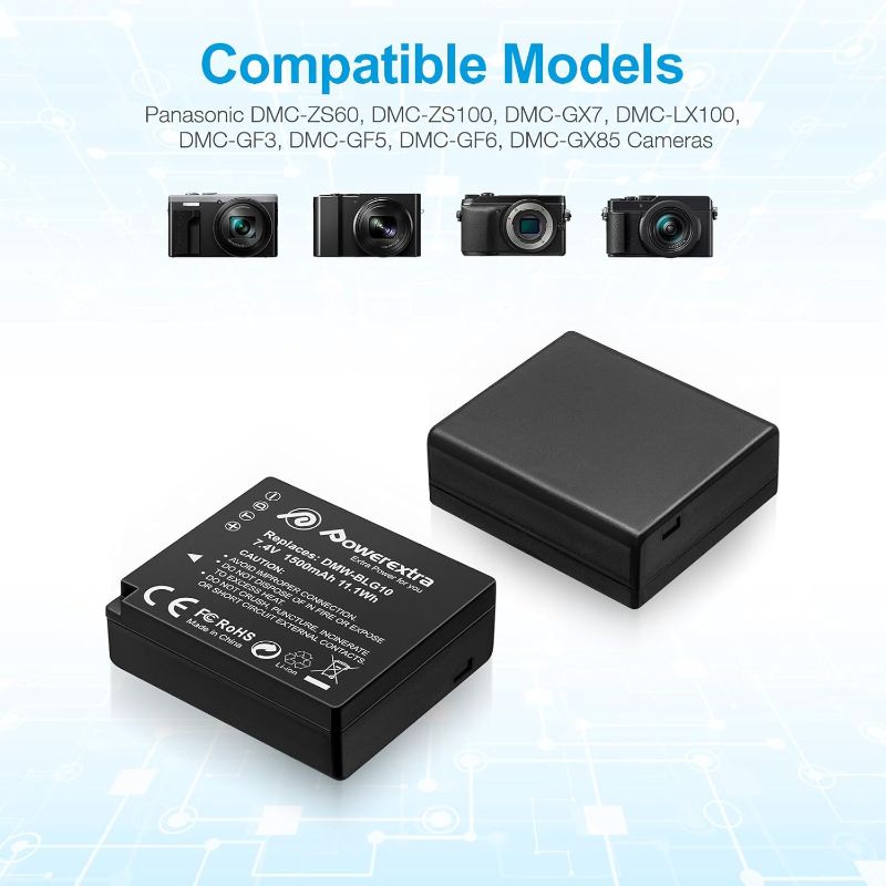 Photo 1 of Powerextra 3 Pack DMW-BLG10 Battery and Dual USB Charger for Panasonic DC-G100, DC-ZS80, DC-GX9, DC-LX100 II, DC-ZS200, DC-ZS70, DMC-GX80, DMC-GX85, DMC-ZS60, DMC-ZS100, DMC-GF6, DMC-GX7K, DMC-LX100K