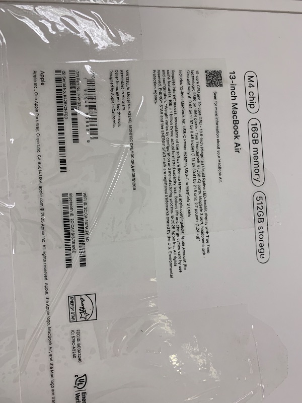 Photo 1 of Apple 2025 MacBook Air 13-inch Laptop with M4 chip: Built for Apple Intelligence, 13.6-inch Liquid Retina Display, 16GB Unified Memory, 512GB SSD Storage, 12MP Center Stage Camera, Touch ID; Midnight