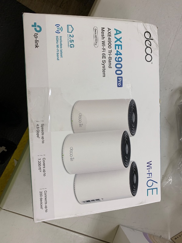 Photo 1 of TP-Link Deco XE70 Pro AXE4900 Tri-Band WiFi 6E Mesh WiFi System - 2.5G WAN/LAN Ports, 4.9 Gbps Wi-Fi 7,200 Sq. Ft Coverage, Connect up to 200 Devices, 6 GHz Band, 3-Pack
