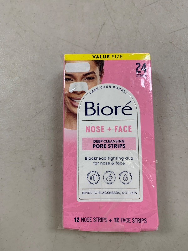 Photo 1 of Bioré Nose+Face Blackhead Remover Strips, Deep Cleansing Strips for Nose, Chin, or Forehead, Instant Blackhead Removal and Pore Unclogging, Oil-free, Non-Comedogenic Use, Value Size 24 Count