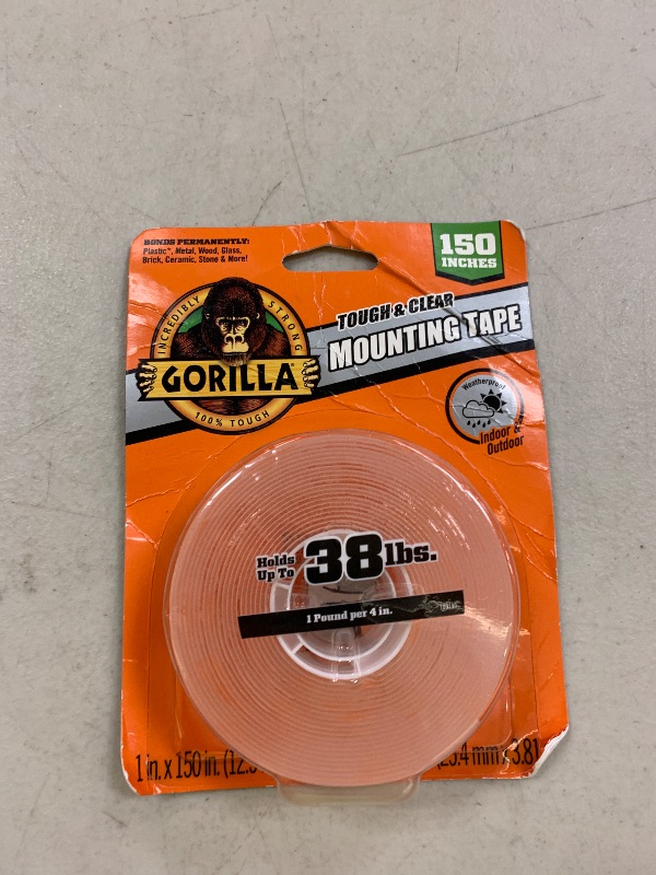 Photo 1 of Gorilla Tough & Clear Double Sided Mounting Tape, Clear Tape, 1" x 150" (Pack of 1) - Weatherproof for Indoor or Outdoor