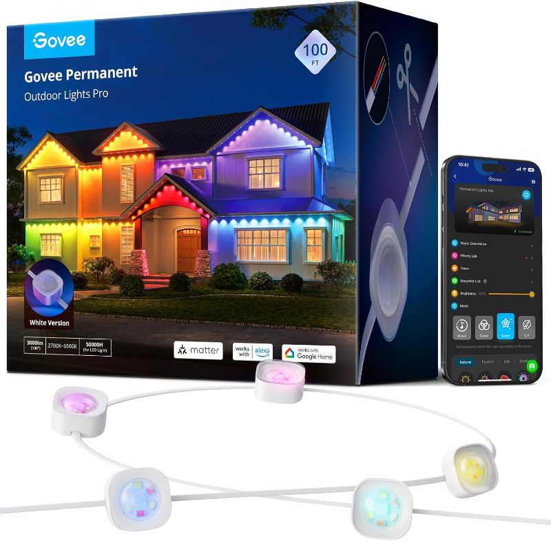 Photo 1 of Govee Permanent Outdoor Lights Pro, 100ft with 60 RGBIC LED Lights for Daily and Accent Lighting, 75 Scene Modes for Outdoor Decor, IP67 Waterproof, Works with Alexa, Google Assistant, Matter, White

