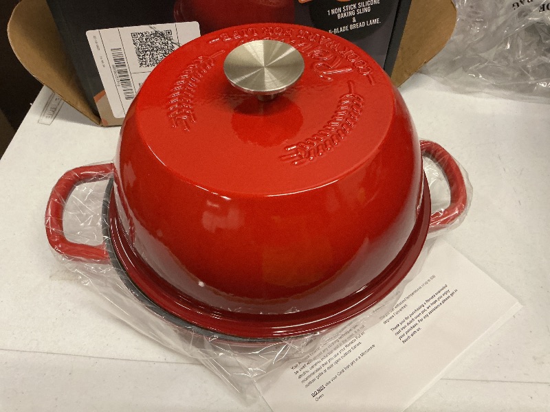 Photo 1 of 6 QT Enameled Cast Iron Dutch Oven - Sourdough for Bread Baking & Casseroles and more - 10 inch base, includes 5 Blade Bread Lame & Non-Stick Silicone Sling - Oven Safe to 500°F Bread Loaf Pan with Lid - Sourdough Bread Oven - Cast Iron Enamel Bread Loaf