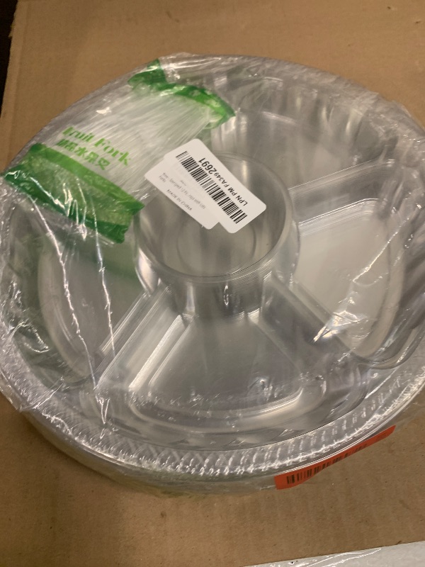 Photo 1 of 12 Pack Plastic Appetizer Trays with Lids,6 Compartment Serving Platters Tray with 100 Pcs Forks,Disposable 10 Inch Clear Round Fruit Storage Container for Snack,Food,Vegetable,Party Buffet Favors