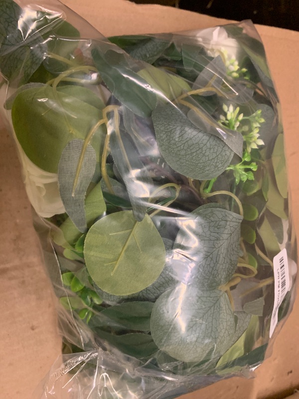 Photo 1 of 2 Pack 13Ft Artificial Eucalyptus Flower Garland with White Roses, Fake Rose Flower Greenery Garland Floral Vines for Wedding Home Party Table Runner Decor (White)