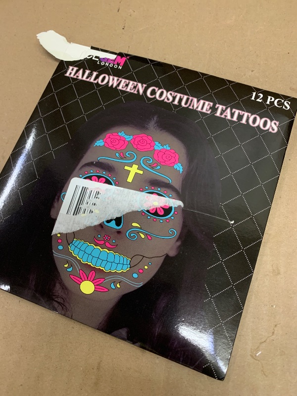 Photo 1 of 12 PCS Day of the Dead Costume Tattoos for Halloween - Temporary Sugar Skull Face Stickers for Makeup, Masquerade, Parties. Halloween tattoos, Face & Body Tattoos for Events. Day of the Dead Tattoos