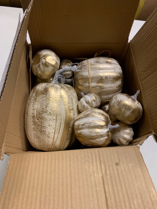Photo 1 of 12 PCS Gold Brushed Pumpkins, Thanksgiving Table Centerpiece Decorations, Outdoor Faux Fake Foam Pumpkins for Fall Harvest, Halloween, Thanksgiving, Wedding, Table, Home Decor (Gold Brushed)
