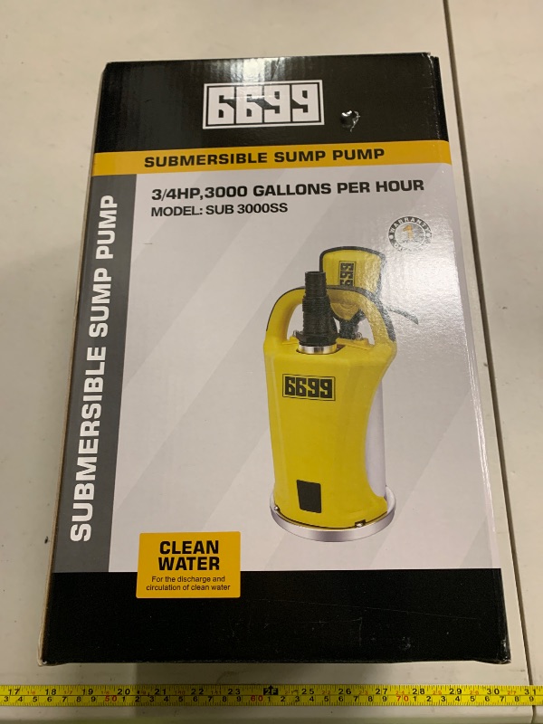 Photo 1 of 6699 3/4HP Submersible Water Pump 3000GPH Stainless Steel Sump Pump with Adjustable Float Switch for Draining Water from Pool Hot Tub Flooded House Rain Barrel Pit Crawl Space SUB 3000SS