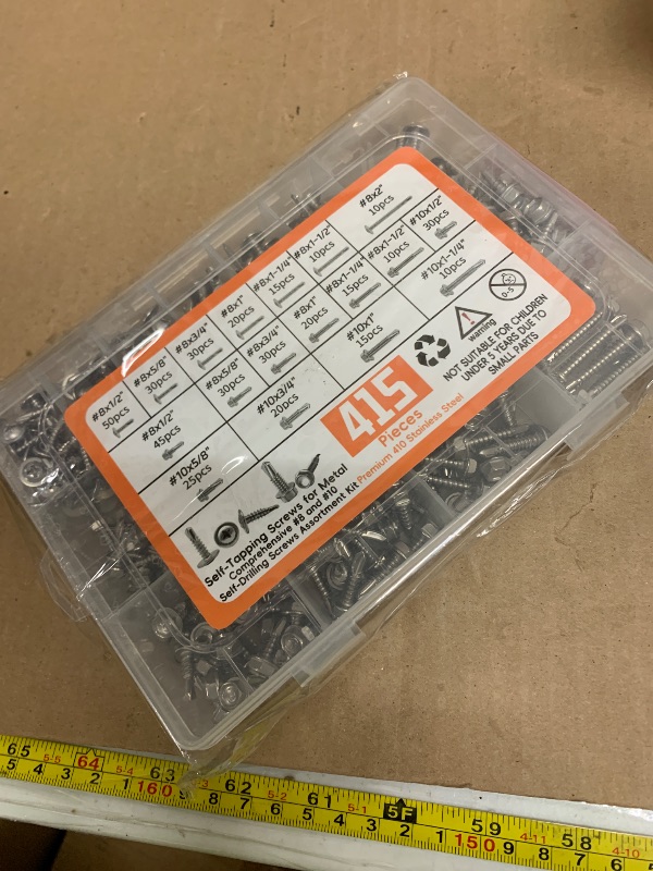 Photo 1 of 415pcs Premium #8 & #10 Self Tapping Screw Assortment Kit, 410 Stainless Steel Sheet Metal Screws with Length 1/2" to 2", Truss Head &Hex Washer Head Self Drilling Screws for Metal