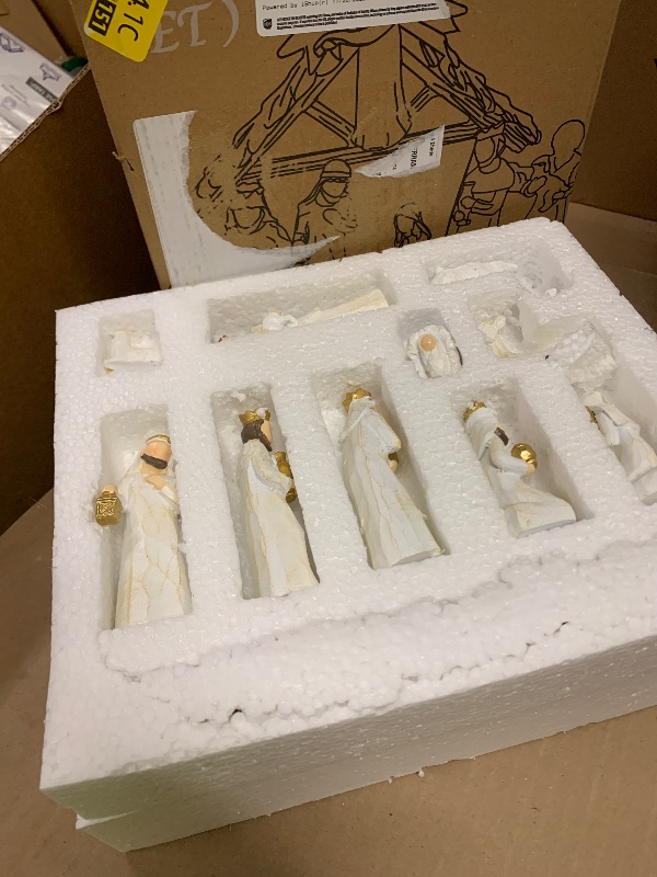 Photo 1 of 12 Set Nativity Scene Resin Figurines – Handcrafted Christmas Crèche with Holy Family, Mar Joseph Angel Wise Men Animals Stable – Religious Holiday Xmas Decoration for Home Church Mantel (Beige)