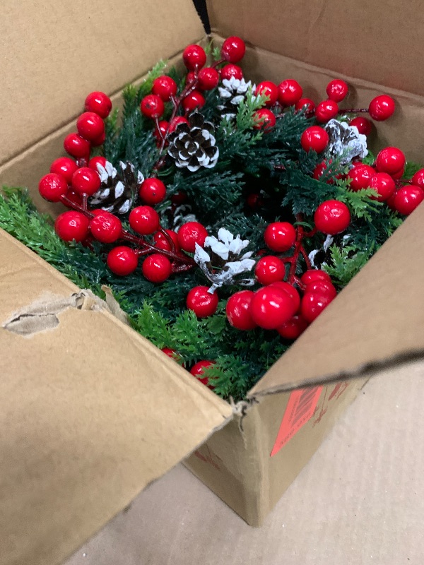 Photo 1 of 4 Pack Artificial Realistic Pillar Cedar Wreath Red Berry Pine Candle Ring Mini Christmas Wreath Accent for Statues, Candle Holders, Windows, Centerpieces Decorations, Holiday Decor(no Candle)
