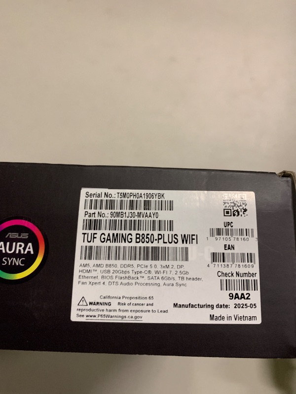Photo 1 of ASUS TUF Gaming B850-PLUS WiFi AMD AM5 B850 ATX Motherboard, 14+2+1 80A Stages, AI Ready, DDR5, PCIe 5.0, 3X M.2, Wi-Fi 7, 2.5Gb LAN, DisplayPort, HDMI™, USB 10Gbps & 20Gbps Type-C®, BIOS Flashback™