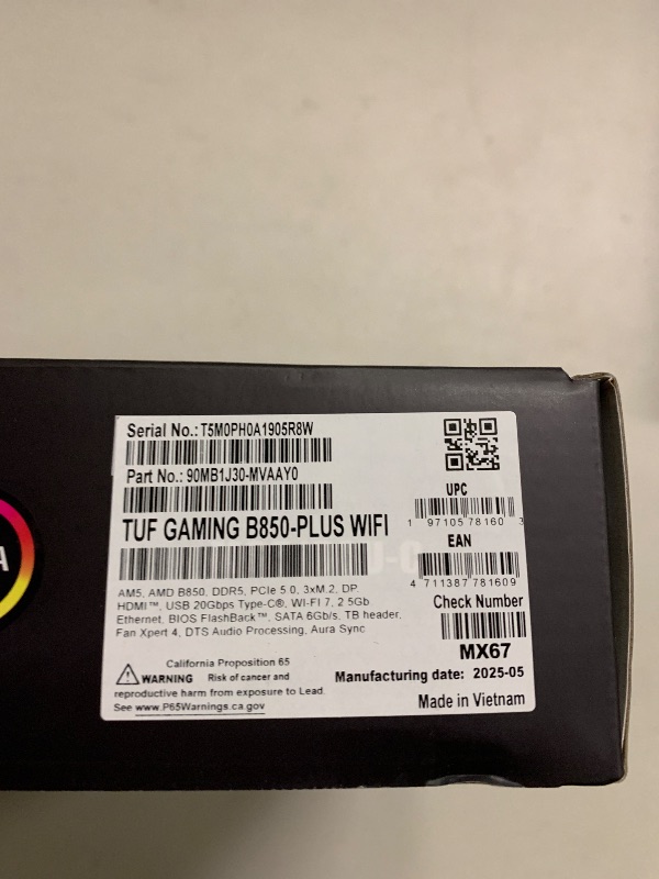 Photo 1 of ASUS TUF Gaming B850-PLUS WiFi AMD AM5 B850 ATX Motherboard, 14+2+1 80A Stages, AI Ready, DDR5, PCIe 5.0, 3X M.2, Wi-Fi 7, 2.5Gb LAN, DisplayPort, HDMI™, USB 10Gbps & 20Gbps Type-C®, BIOS Flashback™