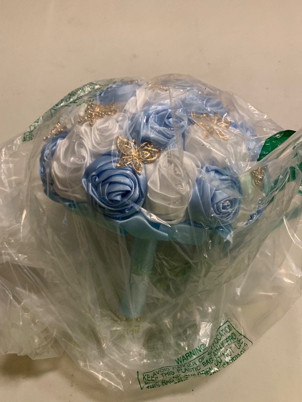 Photo 1 of Mhojpik Handmade Wedding Flowers Bouquet Round Holding Bridal Bouquet Toss Artificial Rose Bunch for Bride Bridesmaid Wedding Quinceanera (Light Blue & White, 8.7")