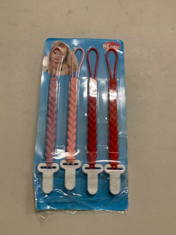 Photo 1 of 4-Pack Silicone Pacifier Clips with a Woven Rope Shape for Baby Boys and Girls - Flexible and Rust-Free Holders for Teething Relief and Baby Essentials, Safe for Newborns (Pink)