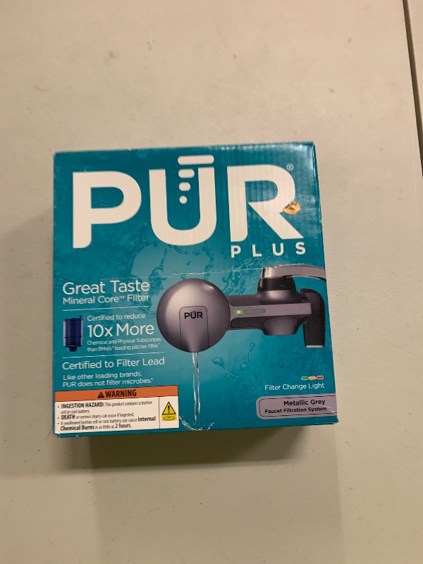 Photo 1 of PUR Plus Horizontal Faucet Mount Filtration System with 3-in-1 Lead Reducing Filter, Water Filter for Sink, Lasts 100 Gallons, Compatible with Sinks with External Aerators, Metallic Grey