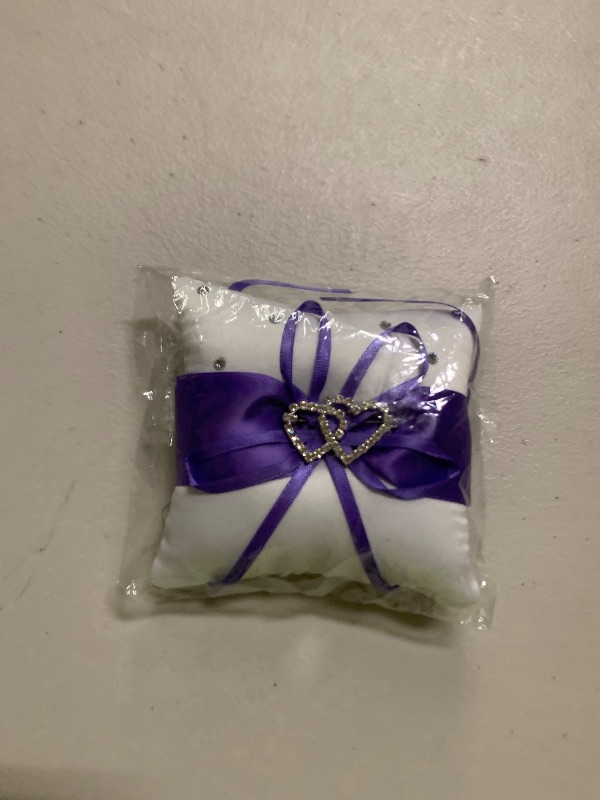 Photo 1 of Milisten Heart Shape Pillow Wedding Ring Pillow Double Hearts Decoration Ring Bearer Cushion Crystal Ring Box with Ribbon for Wedding Ceremony Party Supplies 10x10cm Purple White s