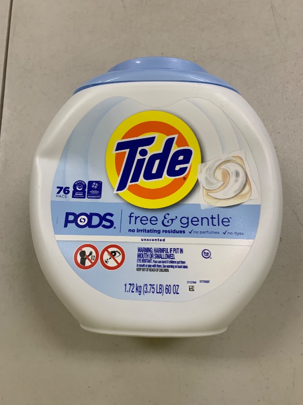 Photo 1 of Tide PODS Free & Gentle Laundry Detergent Soap Pacs, HE Compatible, Unscented, Gentle on Skin, 76 Count, Tide PODS Laundry Detergent