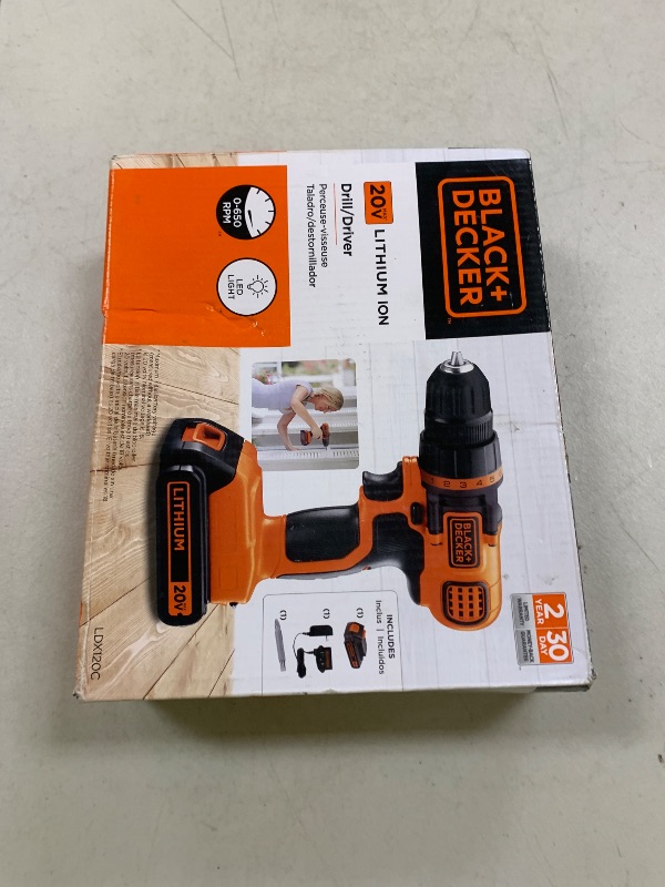Photo 1 of BLACK+DECKER 20V MAX Cordless Drill and Driver, 3/8 Inch, With LED Work Light, Battery and Charger Included (LDX120C)