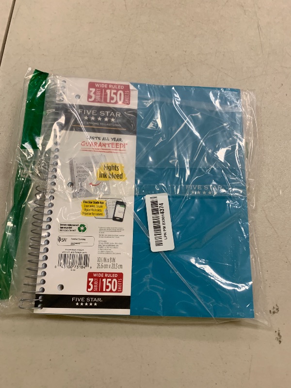 Photo 1 of Five Star Spiral Notebook + Study App, 3 Subject, Wide Ruled Paper, 8" x 10-1/2", 150 Sheets, Fights Ink Bleed, Water Resistant Cover, Tidewater Blue (73184)