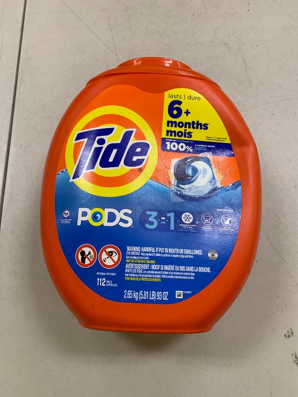 Photo 1 of Tide PODS Laundry Detergent Pacs, 3-in-1 Stain Remover, Odor Fighter, Color Protector, 112 Count, HE compatible, Original Scent
