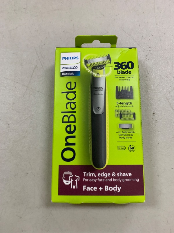 Photo 1 of Philips Norelco OneBlade 360 Hybrid Blade for Face + Body, Electric Beard Trimmer, Shaver and Groomer, with 360 Blade Technology, 5in1 Adjustable Comb, 1x Body Kit, Model QP2834/70, Black/Lime Green
