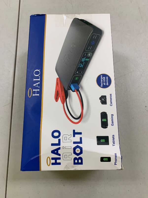 Photo 1 of HALO Bolt Air 58830 Portable Car Battery Jump Starter | 100 PSI Air Compressor, 58.8Wh USB Power Bank, Emergency Floodlight & Charger, Jumps Cars SUVs & Trucks, Inflates Tires, TSA Approved — Black